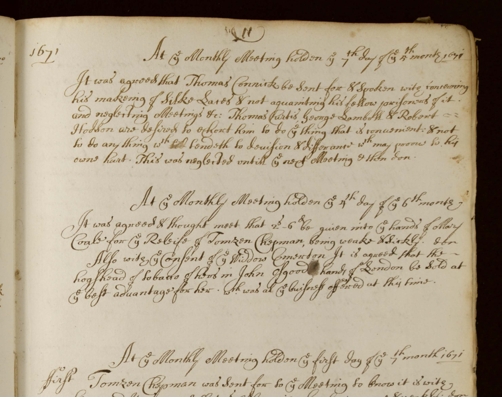 Page from an early minute book of Reading Monthly Meeting [credit Royal Berkshire Archives]